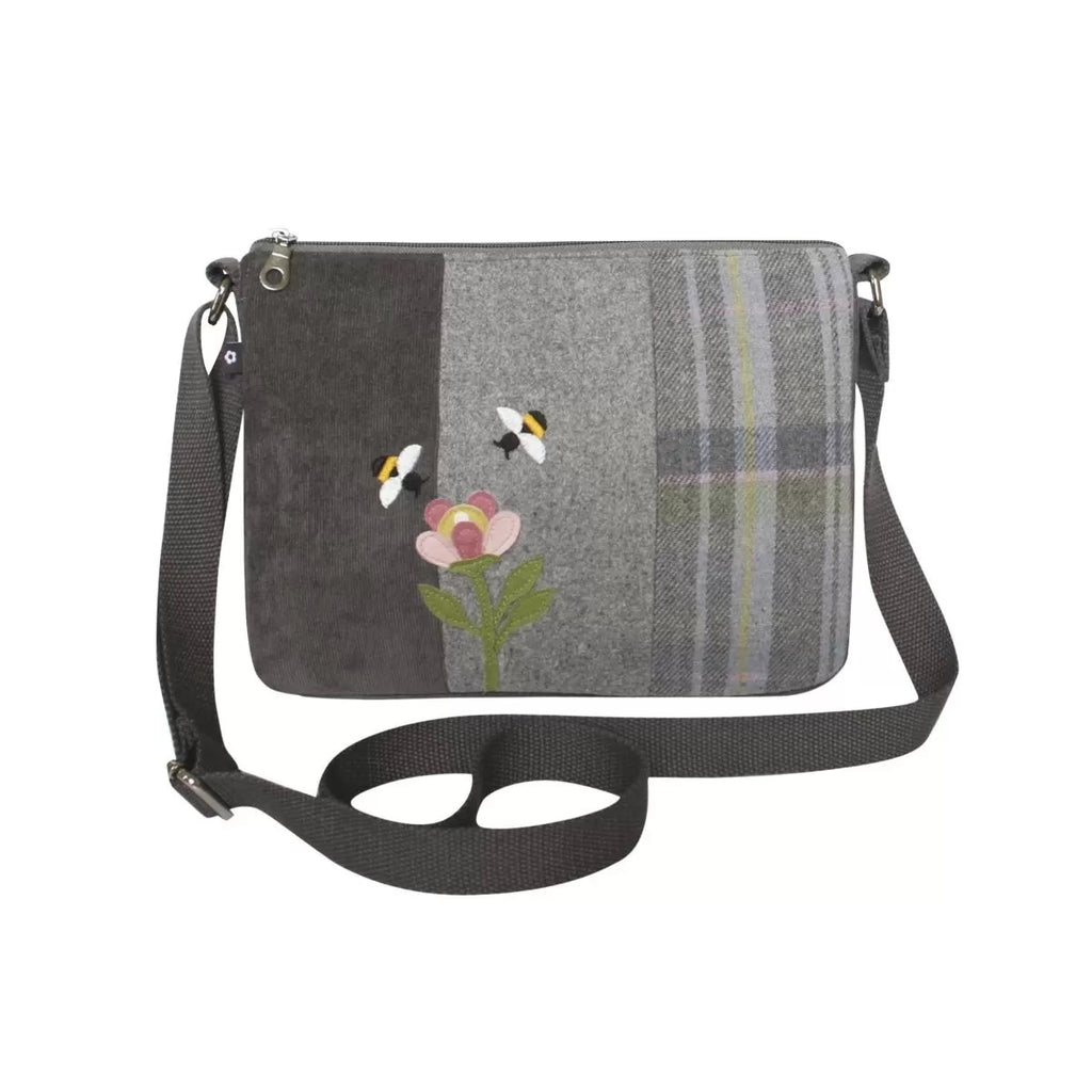 Earth Squared Grey Tweed Bee and Flower Applique Messenger Bag
