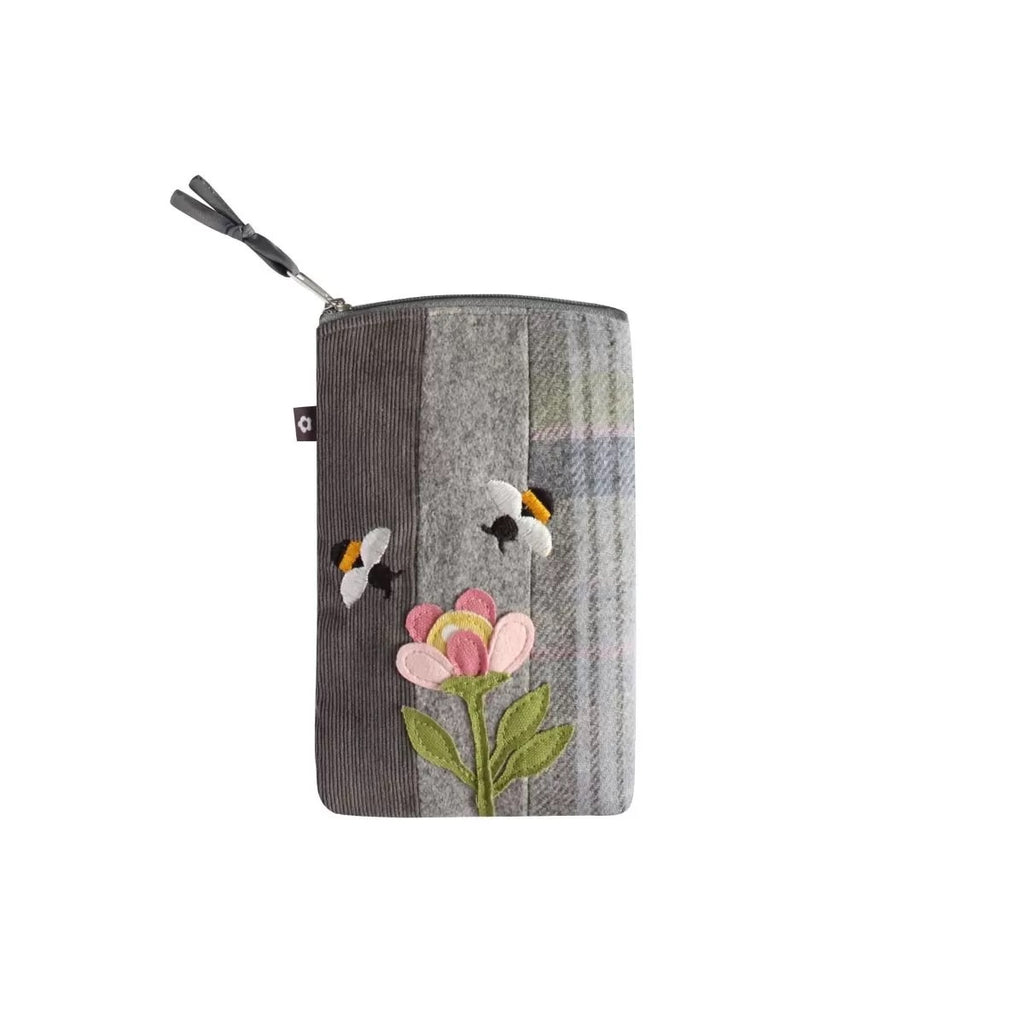 Earth Squared Grey Tweed Bee and Flower Applique Glasses Case