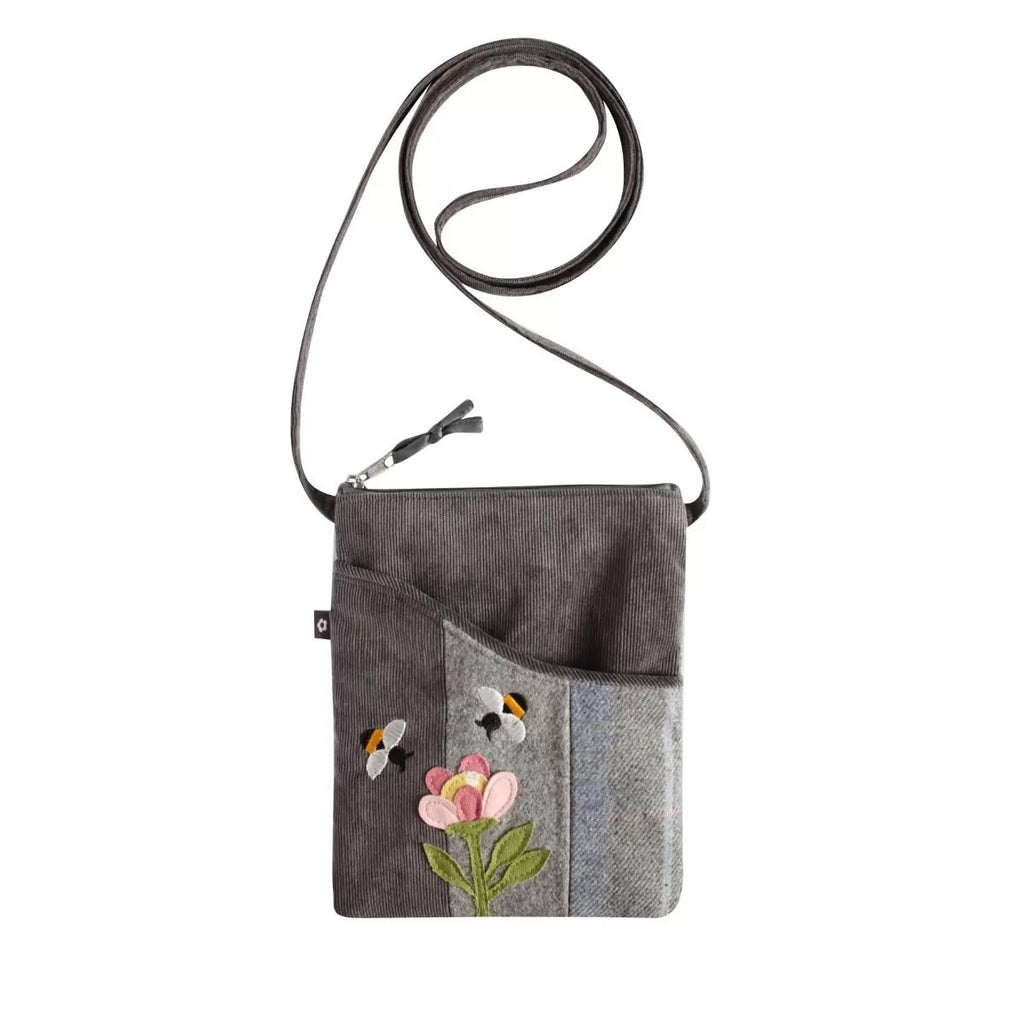 Earth Squared Grey Tweed Bee and Flower Applique Sling Bag Cross Body Bag