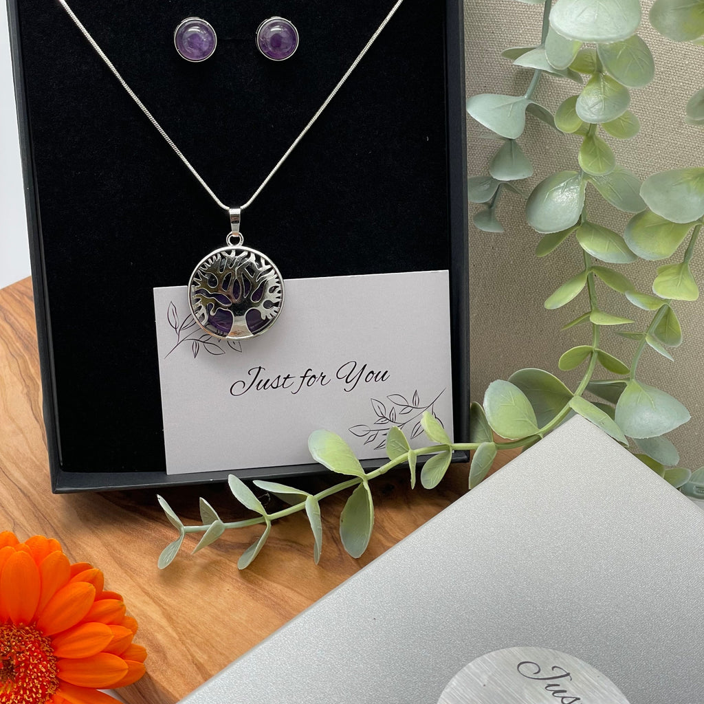 Amethyst Crystal Mulberry Tree of Life Pendant Necklace & Stud Earrings Gift Set