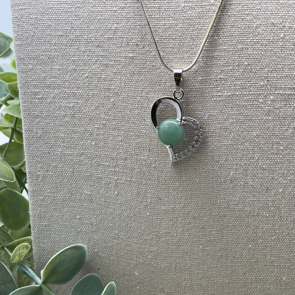 Green Aventurine Stone Set in a Platinum Tone Heart Pendant with 18 Inch Snake Chain