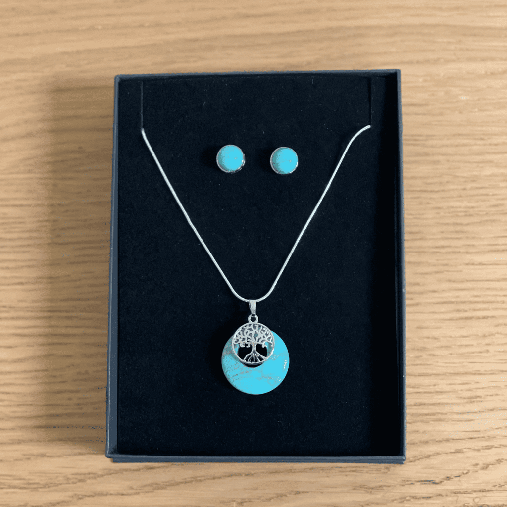 Just for You - Turquoise Crystal Mulberry Tree of Life Necklace & Stud Earrings Gift Set
