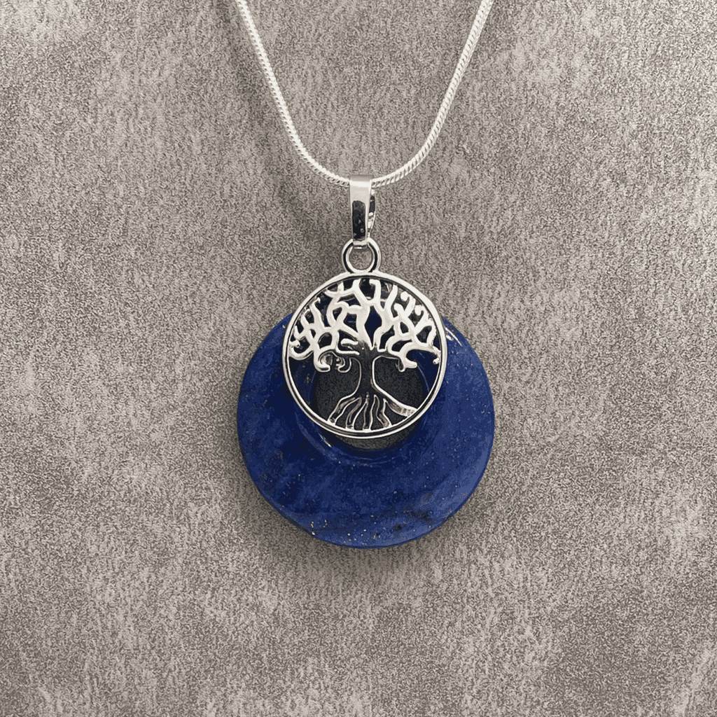 Lapis Lazuli Donut Stone with a Platinum Tone Tree of Life Pendant 
