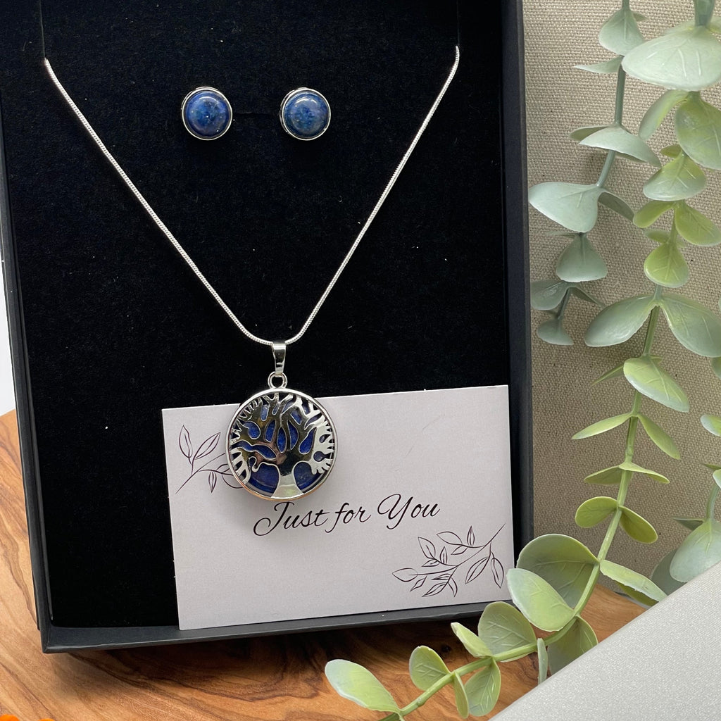 Just for You - Lapis Lazuli Crystal Mulberry Tree of Life Pendant Necklace & Stud Earrings Gift Set