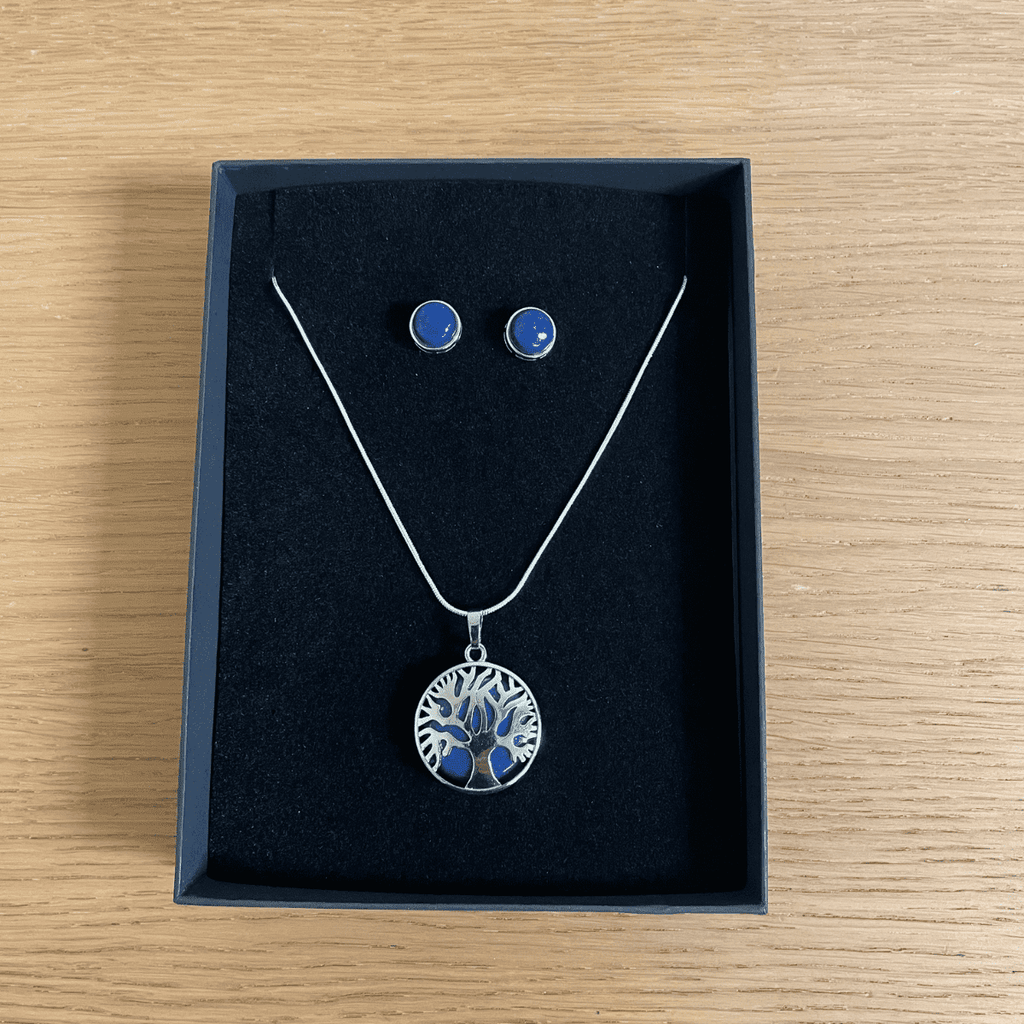 Just for You - Lapis Lazuli Crystal Mulberry Tree of Life Pendant Necklace & Stud Earrings Gift Set