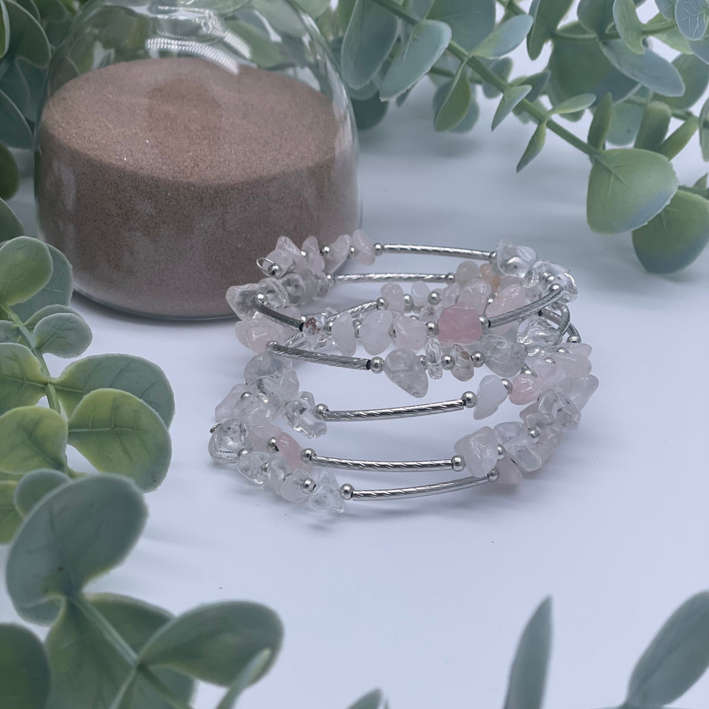 Rose Quartz & Clear Quartz Crystal Chip Wrap Around Bracelet