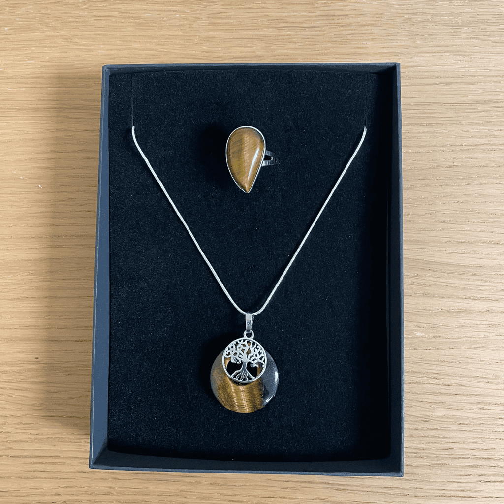 Tigers Eyes Crystal Tree of Life Necklace & Teardrop Adjustable Ring Gift Set