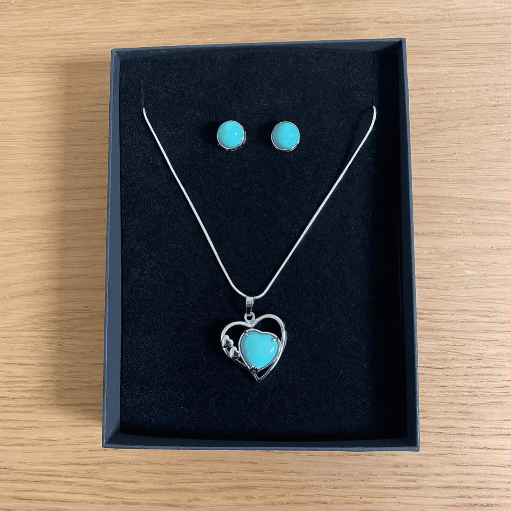 Just for You - Turquoise Crystal Heart Pendant Necklace & Stud Earrings Gift Set
