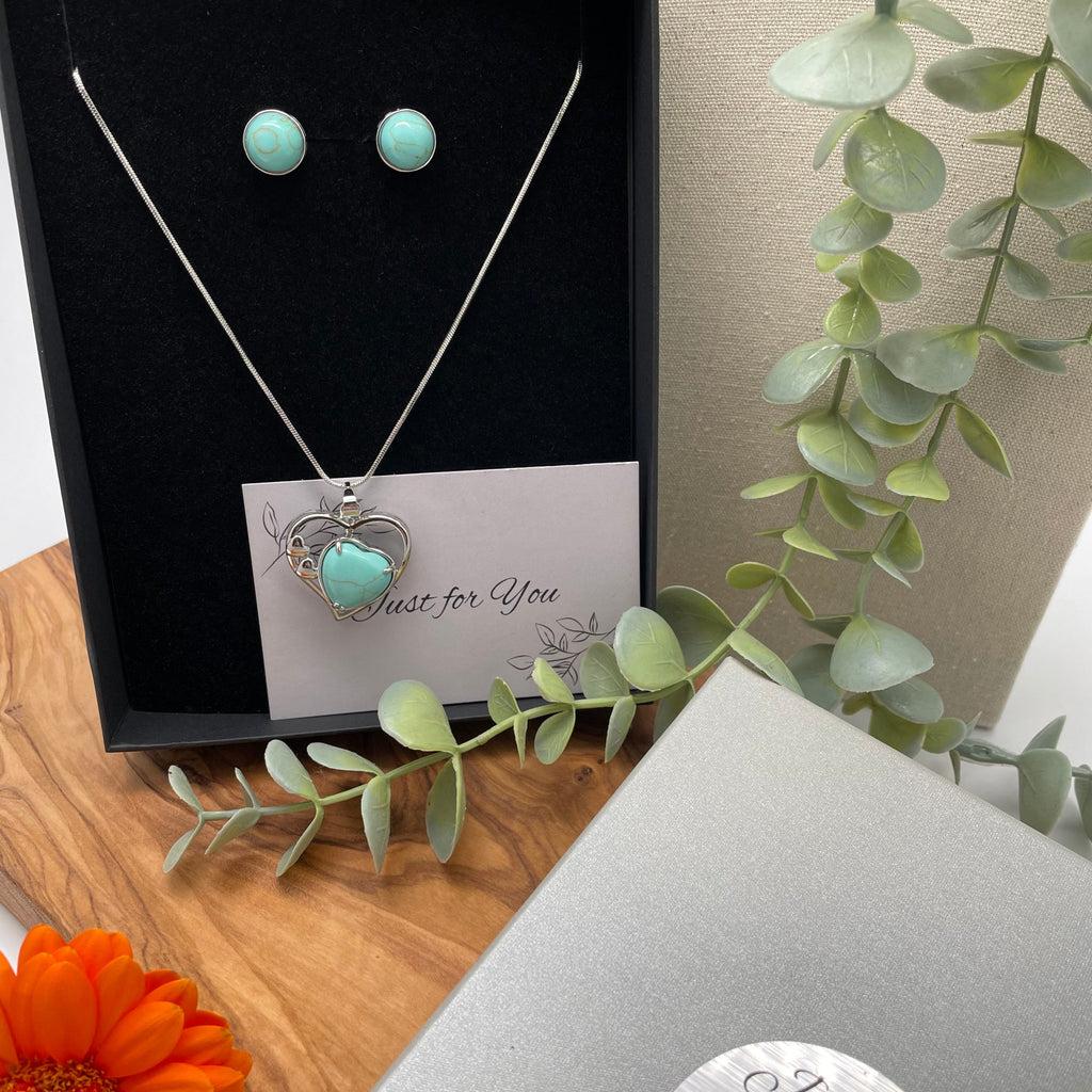 Just for You - Turquoise Crystal Heart Pendant Necklace & Stud Earrings Gift Set