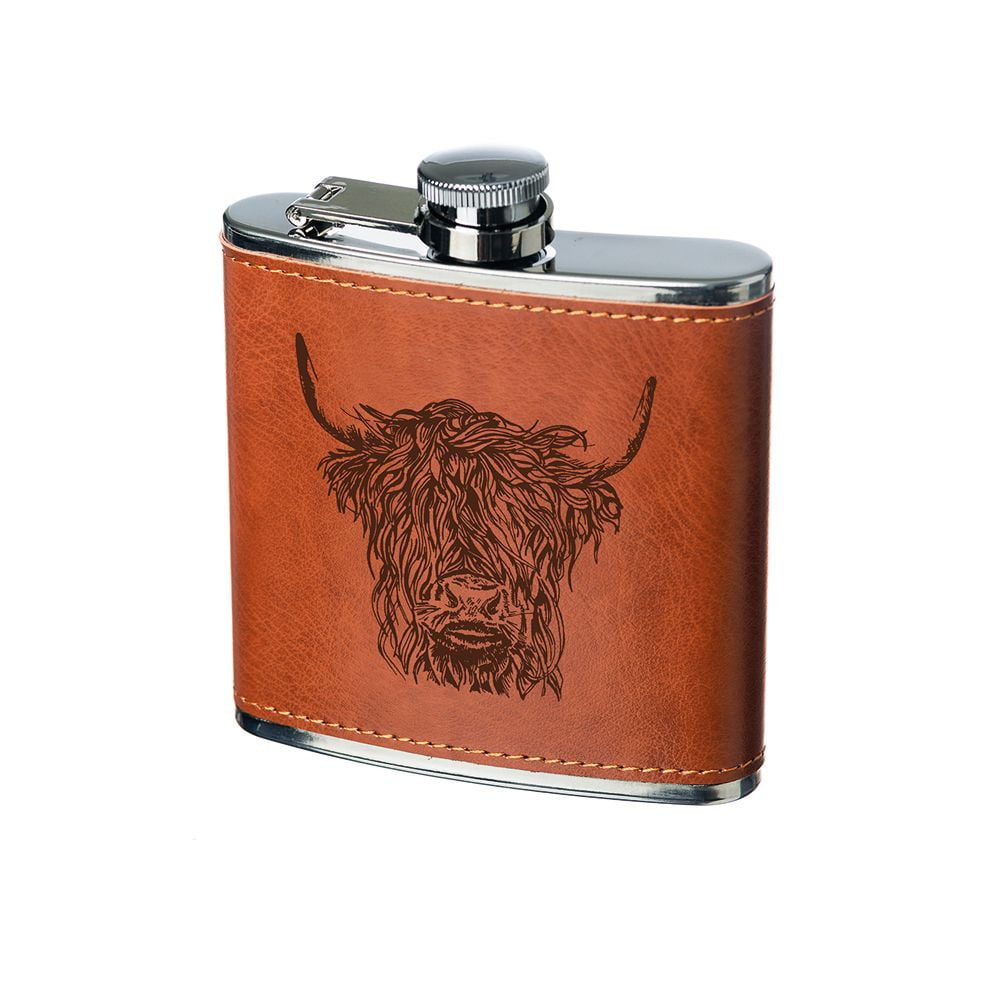 The Just Slate Company - Highland Cow Engraved Leather Wrapped Hip Flask - Hothouse