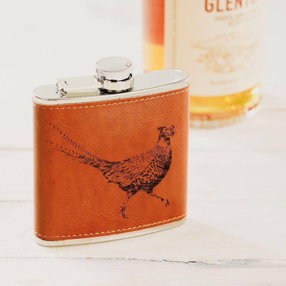 The Just Slate Company - Pheasant Engraved Leather Wrapped Hip Flask - Hothouse