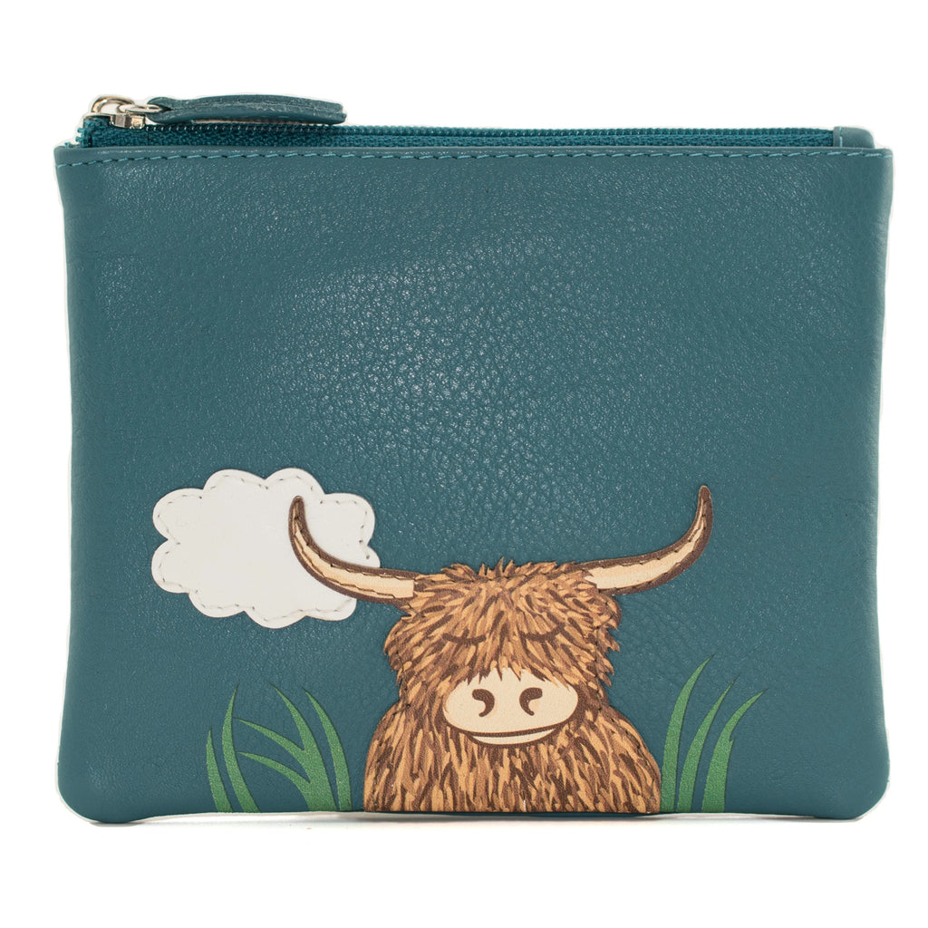 Mala Leather Teal Bella Highland Cow Coin Purse with RFID Protection