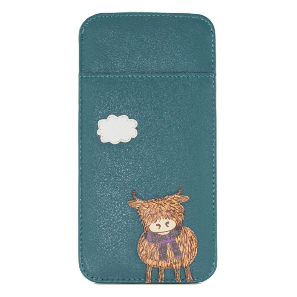 Mala Leather Teal Bella Highland Cow Glasses Case