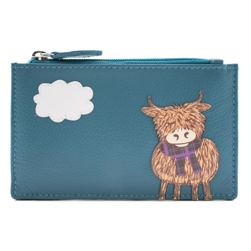 Mala Leather Teal Bella Highland Cow Card and Coin Purse with RFID