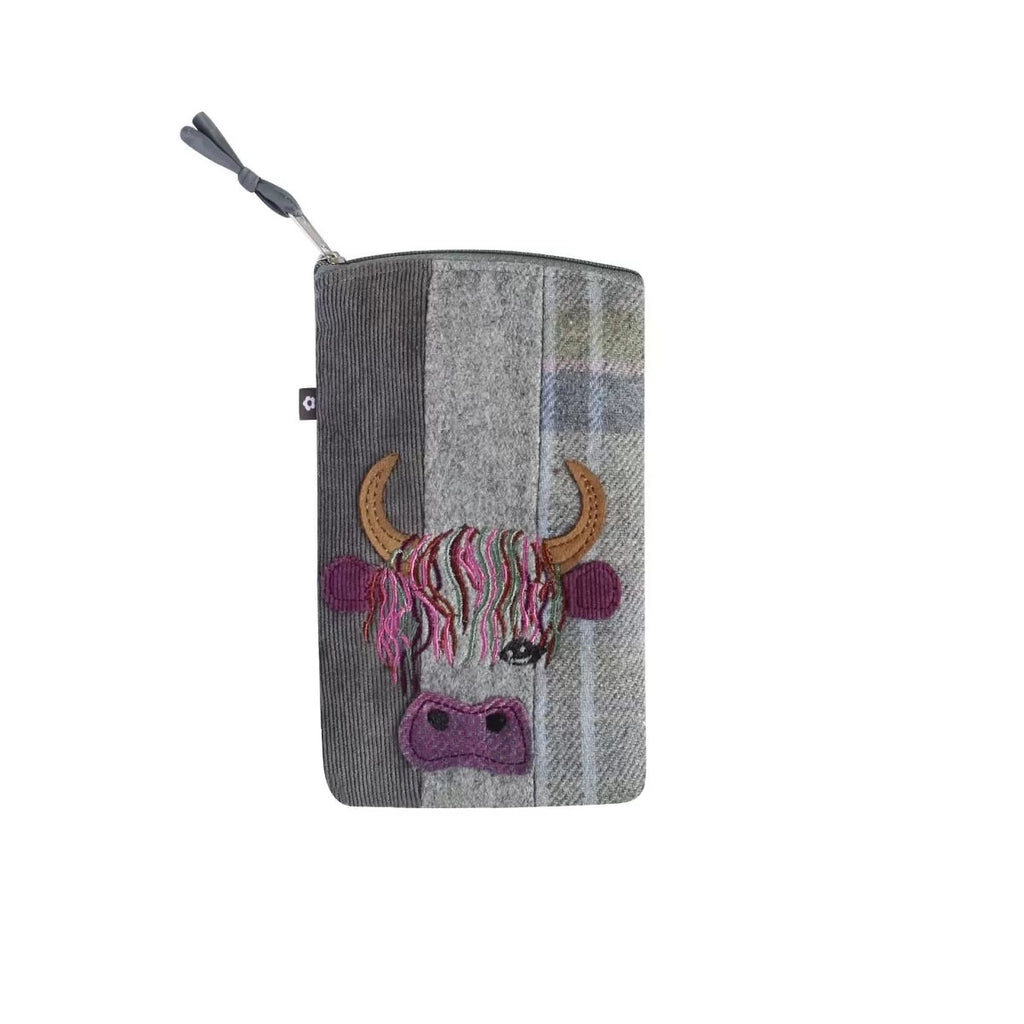 Earth Squared Fair Trade Grey Tweed Highland Cow Applique Glasses Case