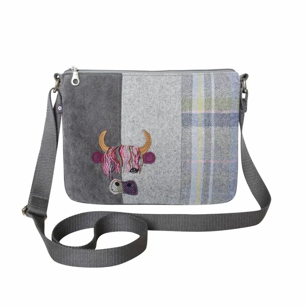 Earth Squared Grey Tweed Highland Cow Applique Messenger Bag