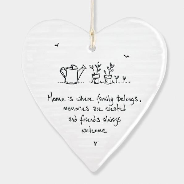 East of India - Porcelain Hanging Wobbly Heart - Home is where family belongs (6208) - Hothouse