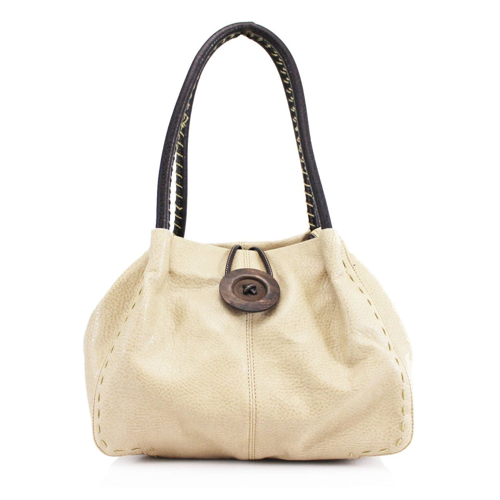 Women's Faux Leather Large Wooden Button Shoulder Bag - Beige