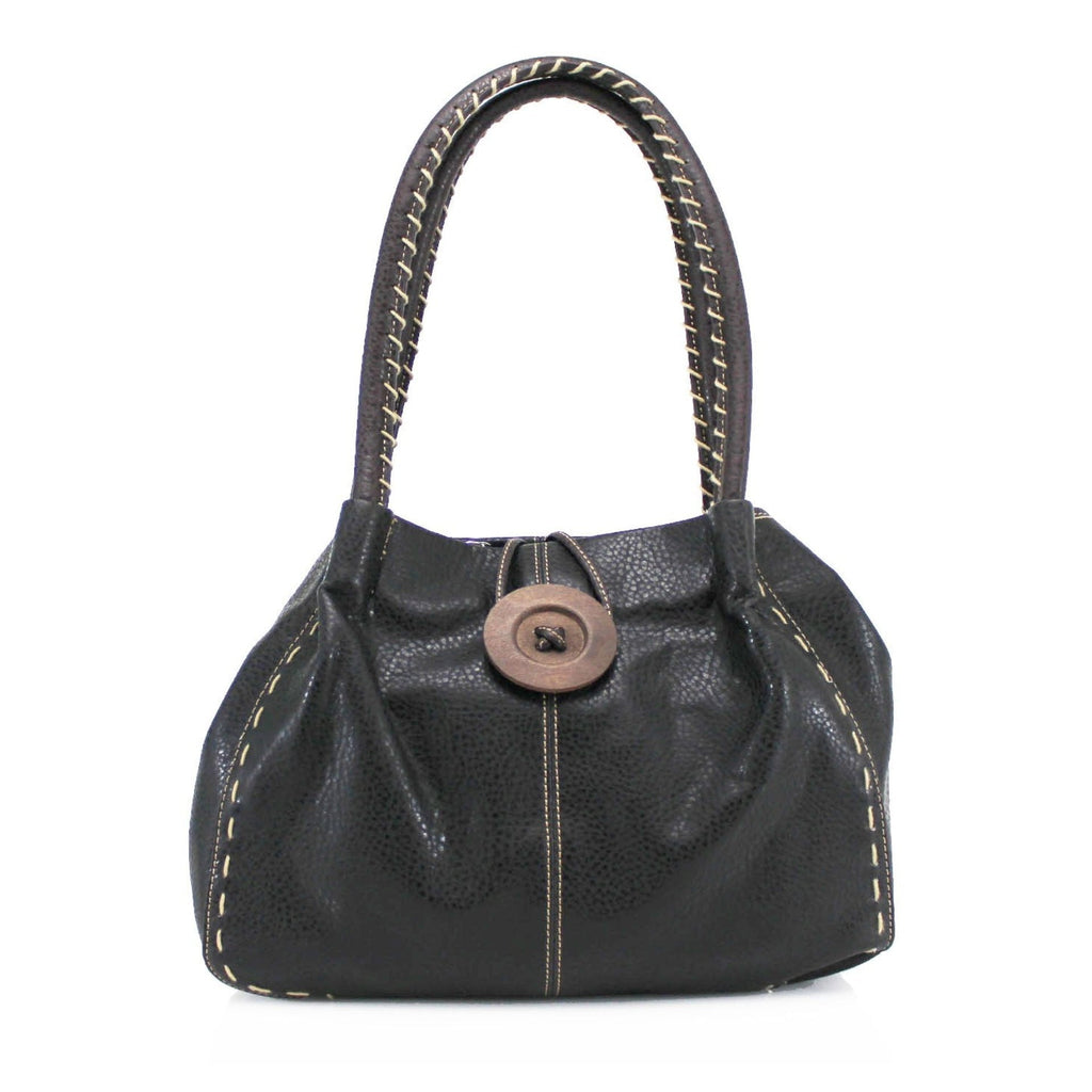 Women's Faux Leather Large Wooden Button Shoulder Bag - Black