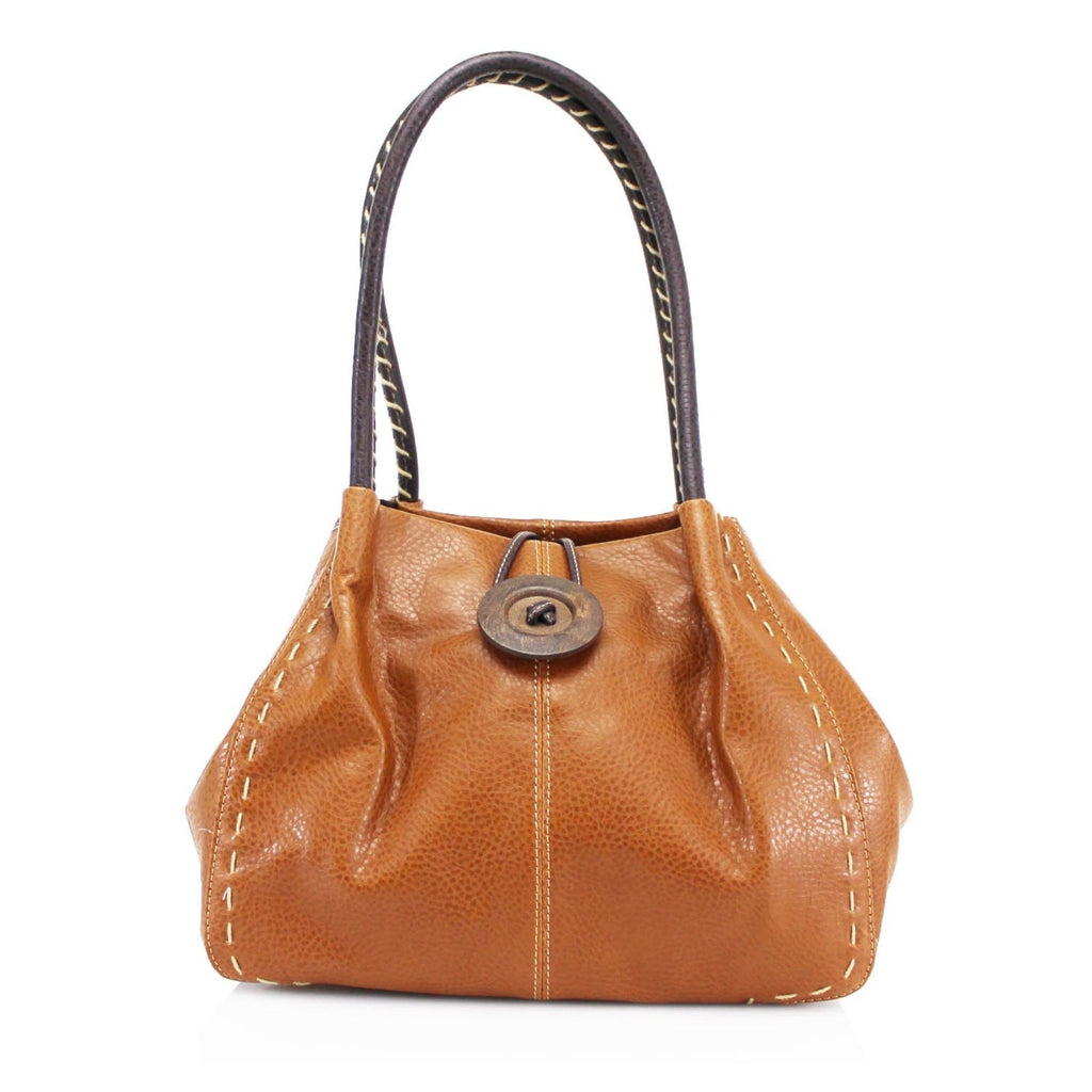 Women's Faux Leather Large Wooden Button Shoulder Bag - Brown