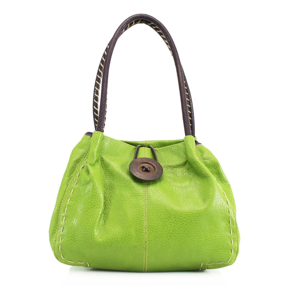 Women's Faux Leather Large Wooden Button Shoulder Bag - Green