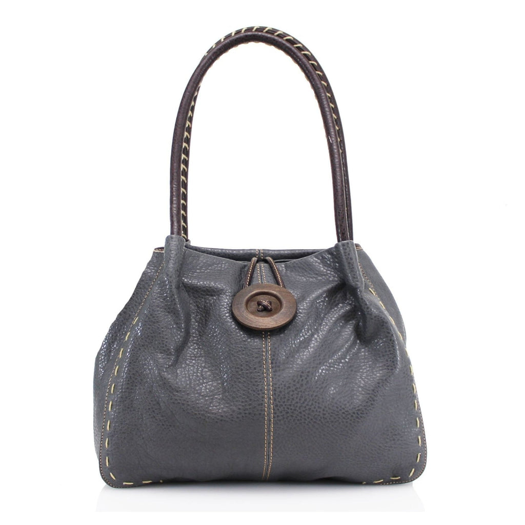 Women's Faux Leather Large Wooden Button Shoulder Bag - Grey
