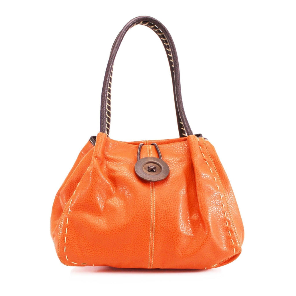 Women's Faux Leather Large Wooden Button Shoulder Bag - Orange