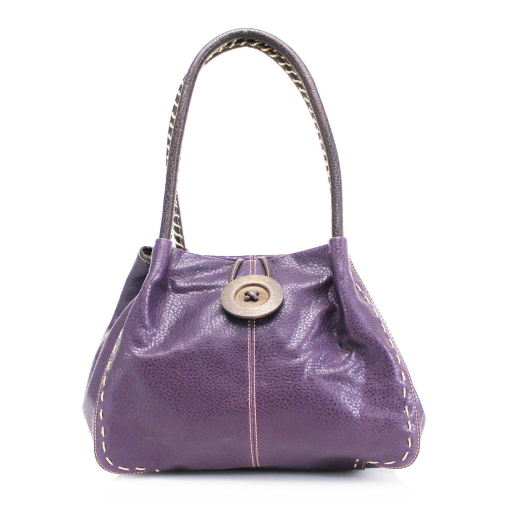 Women's Faux Leather Large Wooden Button Shoulder Bag - Purple