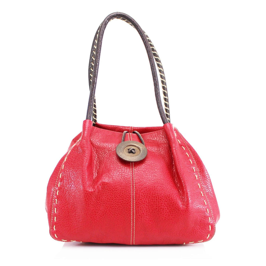 Women's Faux Leather Large Wooden Button Shoulder Bag - Red