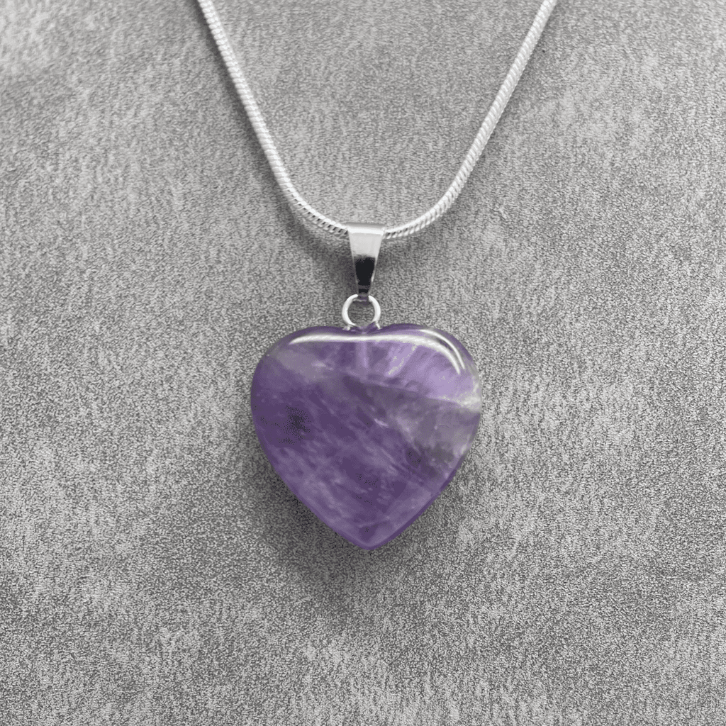 Amethyst Crystal Small Heart Pendant Necklace with 18 Inch Snake Chain
