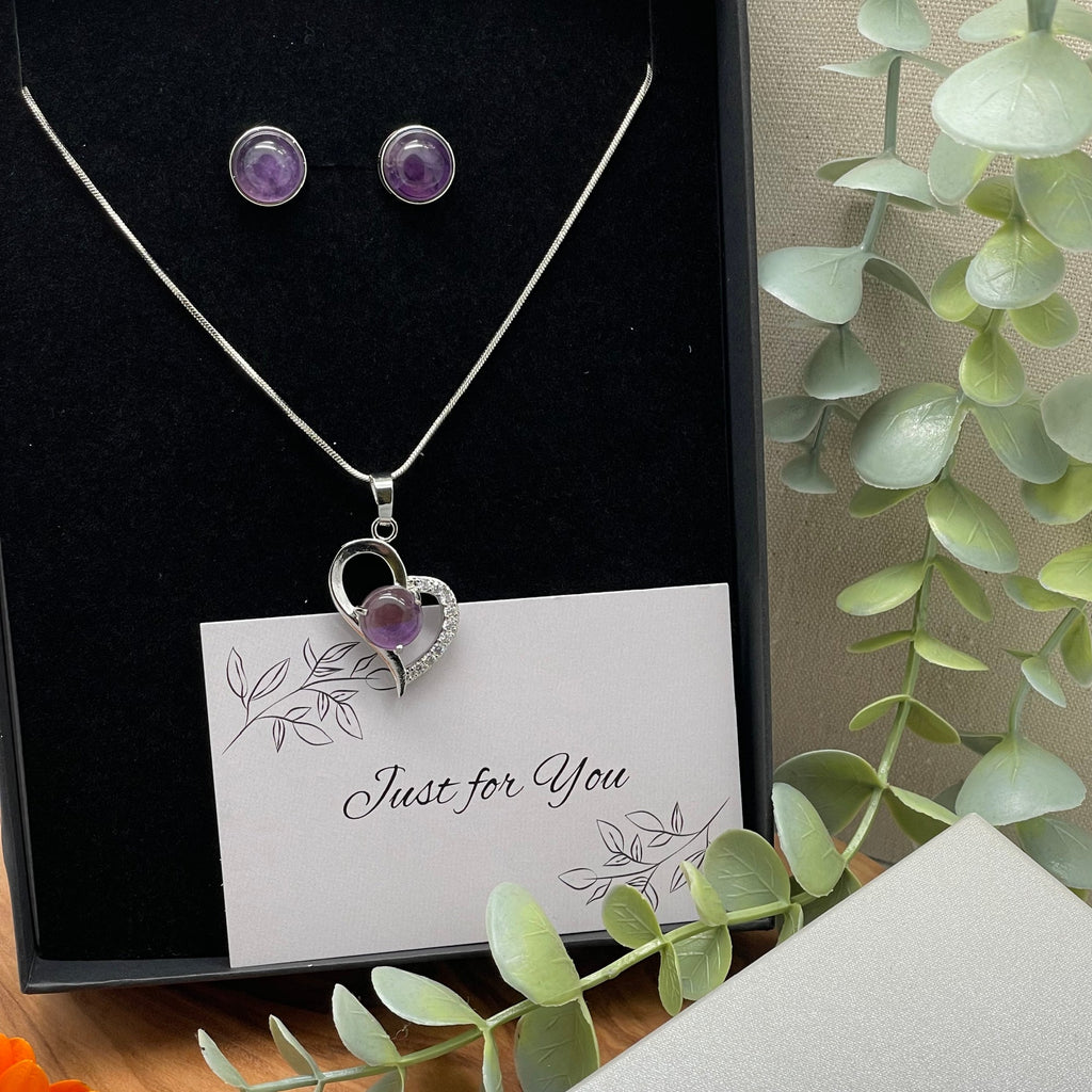 Just for You - Amethyst Crystal Heart Pendant Necklace & Stud Earrings Gift Set