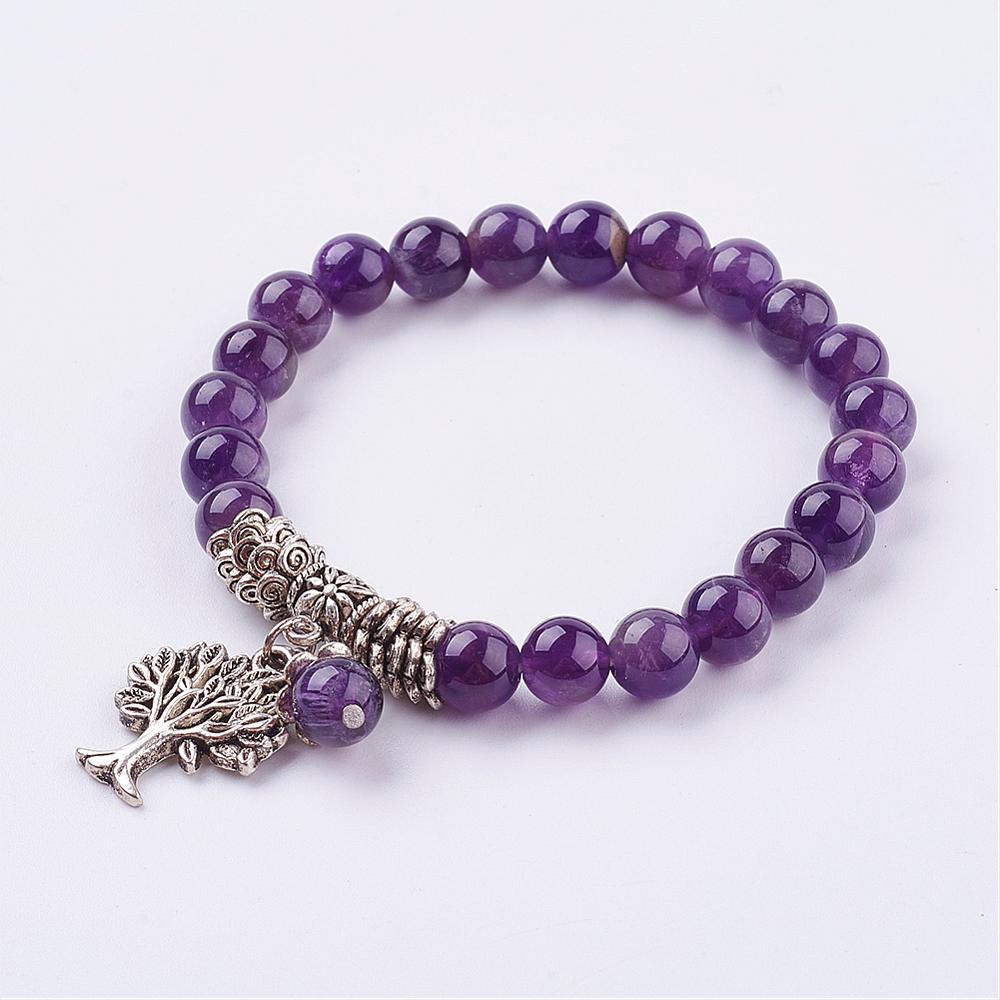Natural Amethyst Stretch Bracelet with Tibetan Style Tree of Life Charm