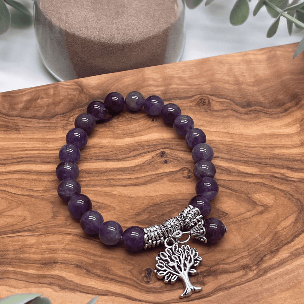 Natural Amethyst Stretch Bracelet with Tibetan Style Tree of Life Charm