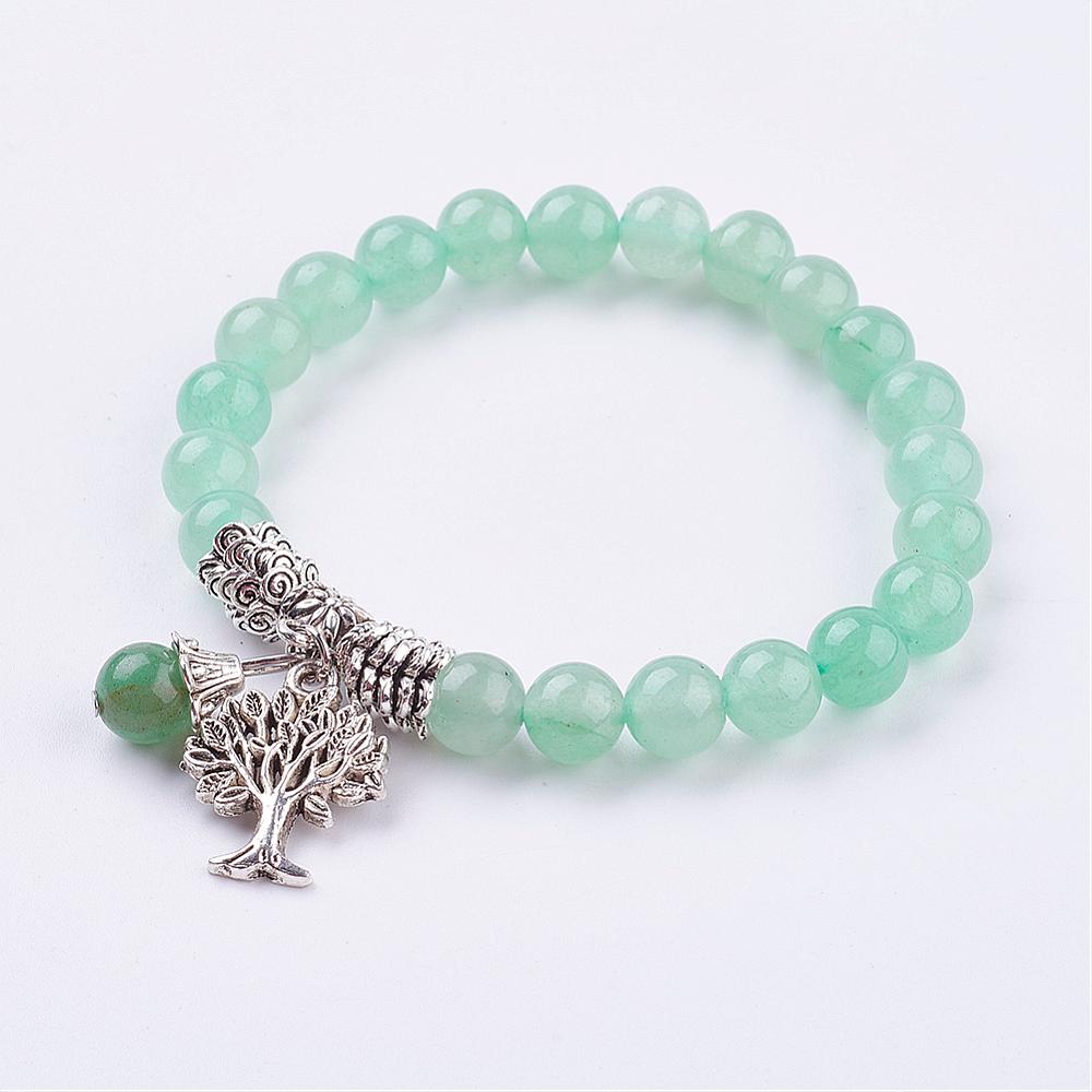 Natural Green Aventurine Stretch Bracelet with Tibetan Style Tree of Life Charm