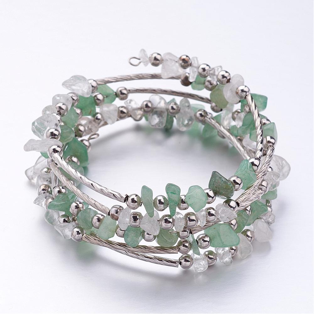 Green Aventurine & Clear Quartz Crystal Chip Wrap Around Bracelet