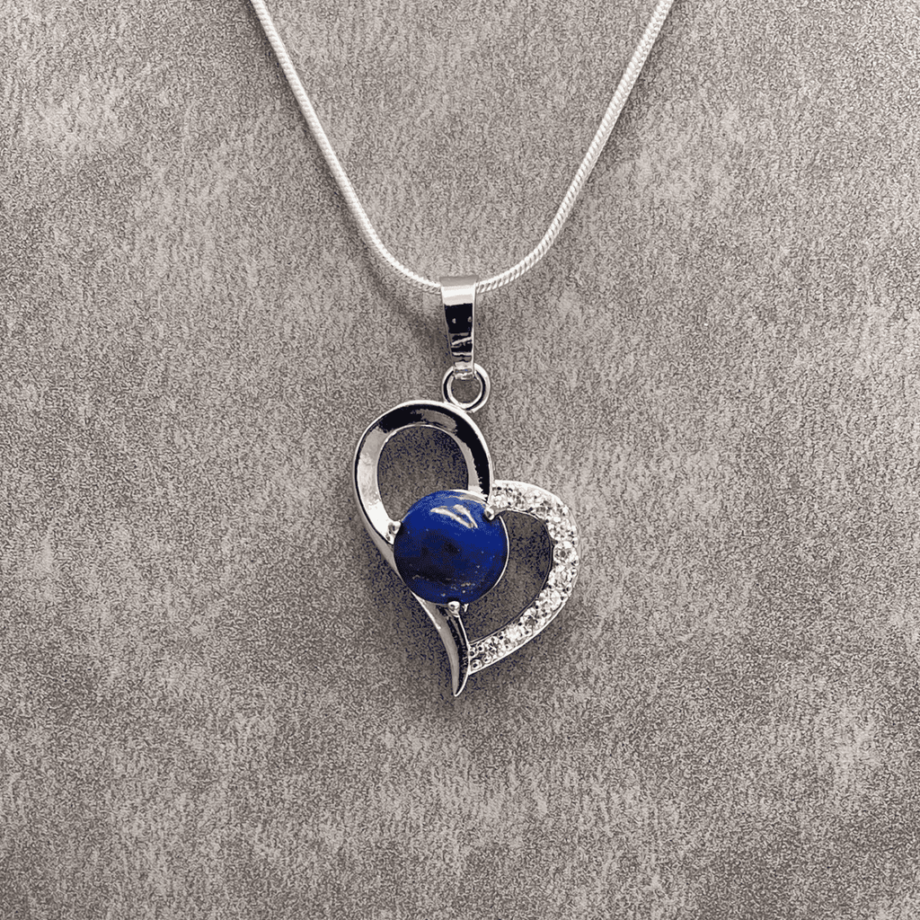 Lapis Lazuli Stone Set in a Platinum Tone Heart Pendant with 18 Inch Snake Chain