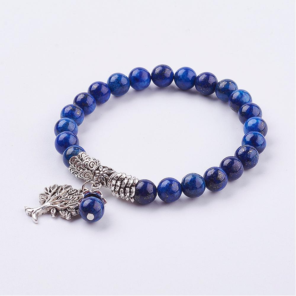 Natural Lapis Lazuli Stretch Bracelet with Tibetan Style Tree of Life Charm