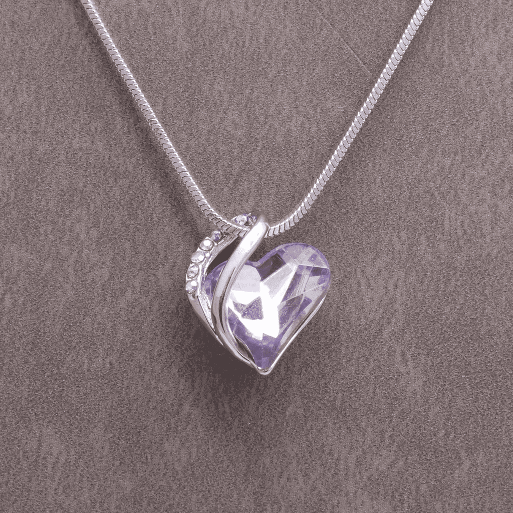Small Light Amethyst Purple Rhinestone Crystal Heart Pendant with Snake Chain
