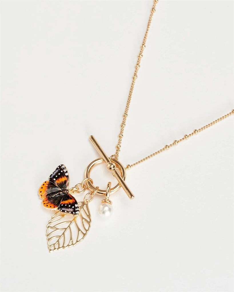 Fable England Enamel Red Admiral Butterfly & Leaf Charm Necklace