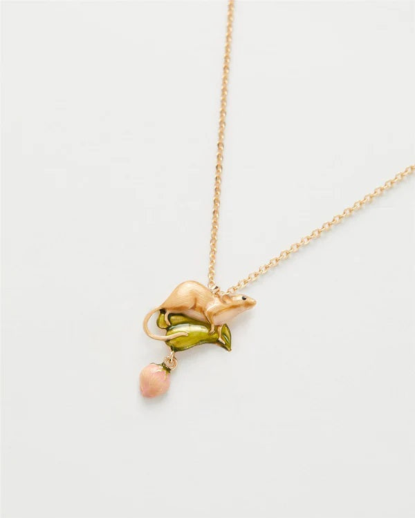 Fable England Enamel Rose Bud and Mouse Necklace