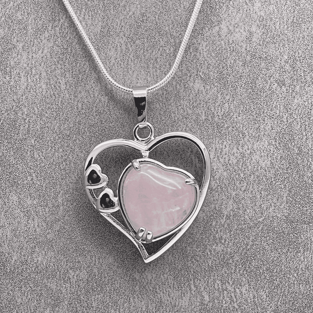 Rose Quartz Crystal Heart Pendant Necklace with 18 Inch Snake Chain