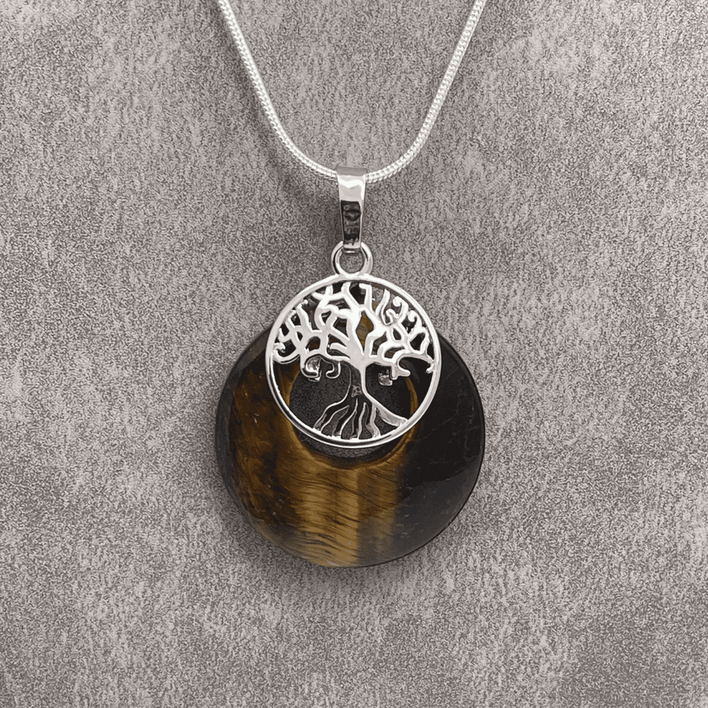Tigers Eye Donut Stone with a Platinum Tone Tree of Life Pendant