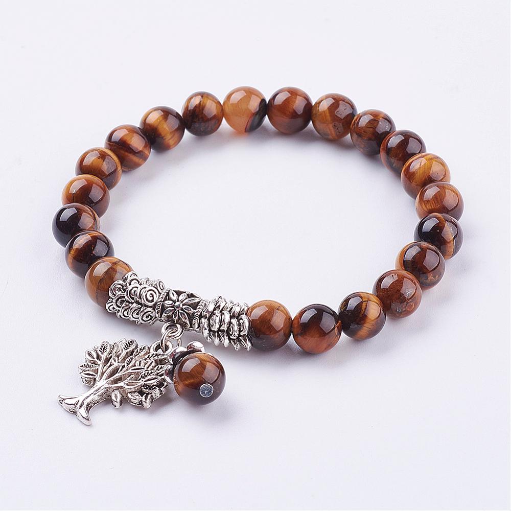 Natural Tigers Eye Stretch Bracelet with Tibetan Style Tree of Life Charm