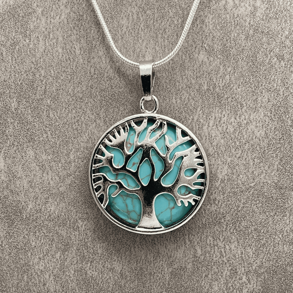 Turquoise Crystal Tree of Life Pendant Necklace with 18 Inch Snake Chain