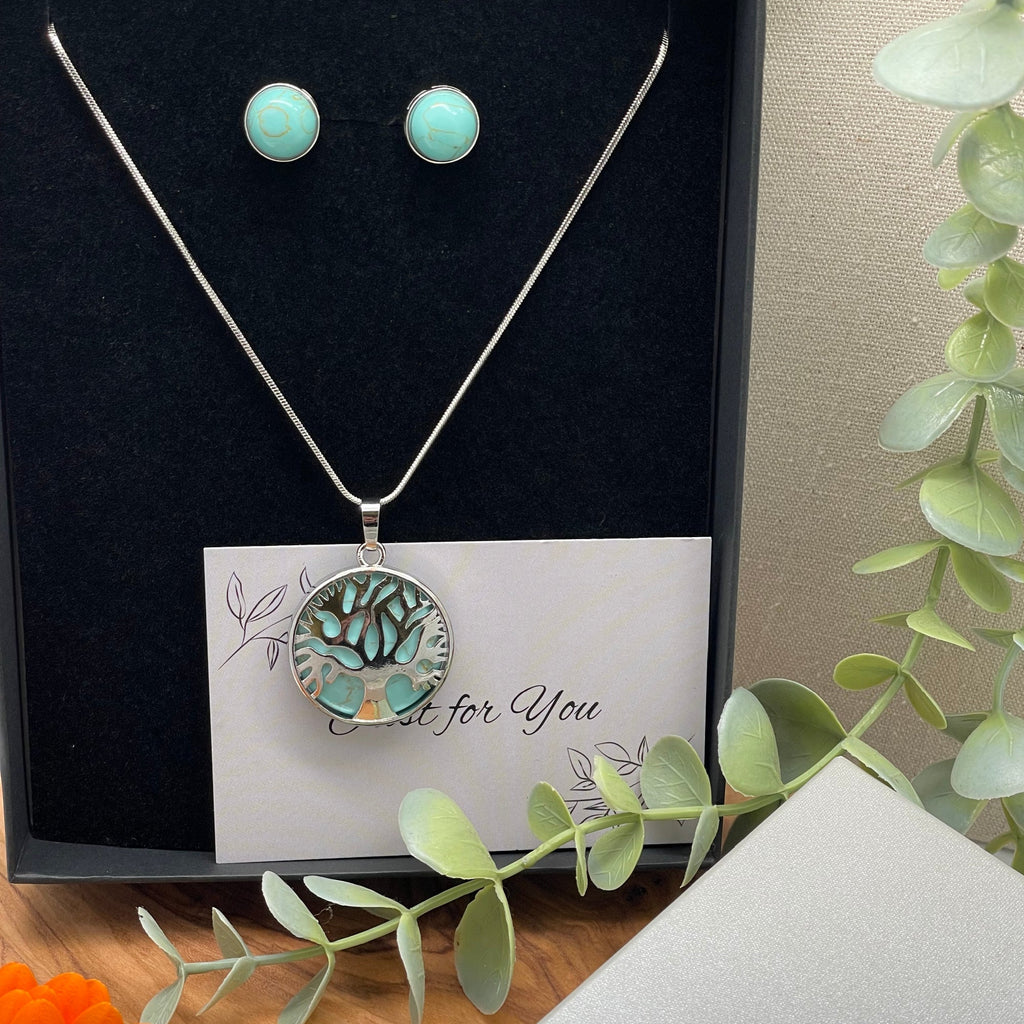 Just for You - Turquoise Crystal Tree of Life Necklace & Stud Earrings Gift Set