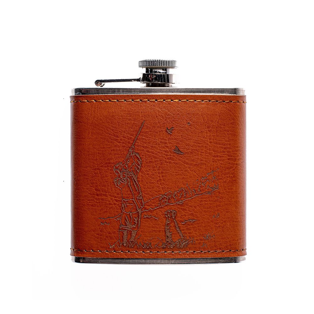The Just Slate Company - Engraved Leather Hip Flask - Shooting Scene
