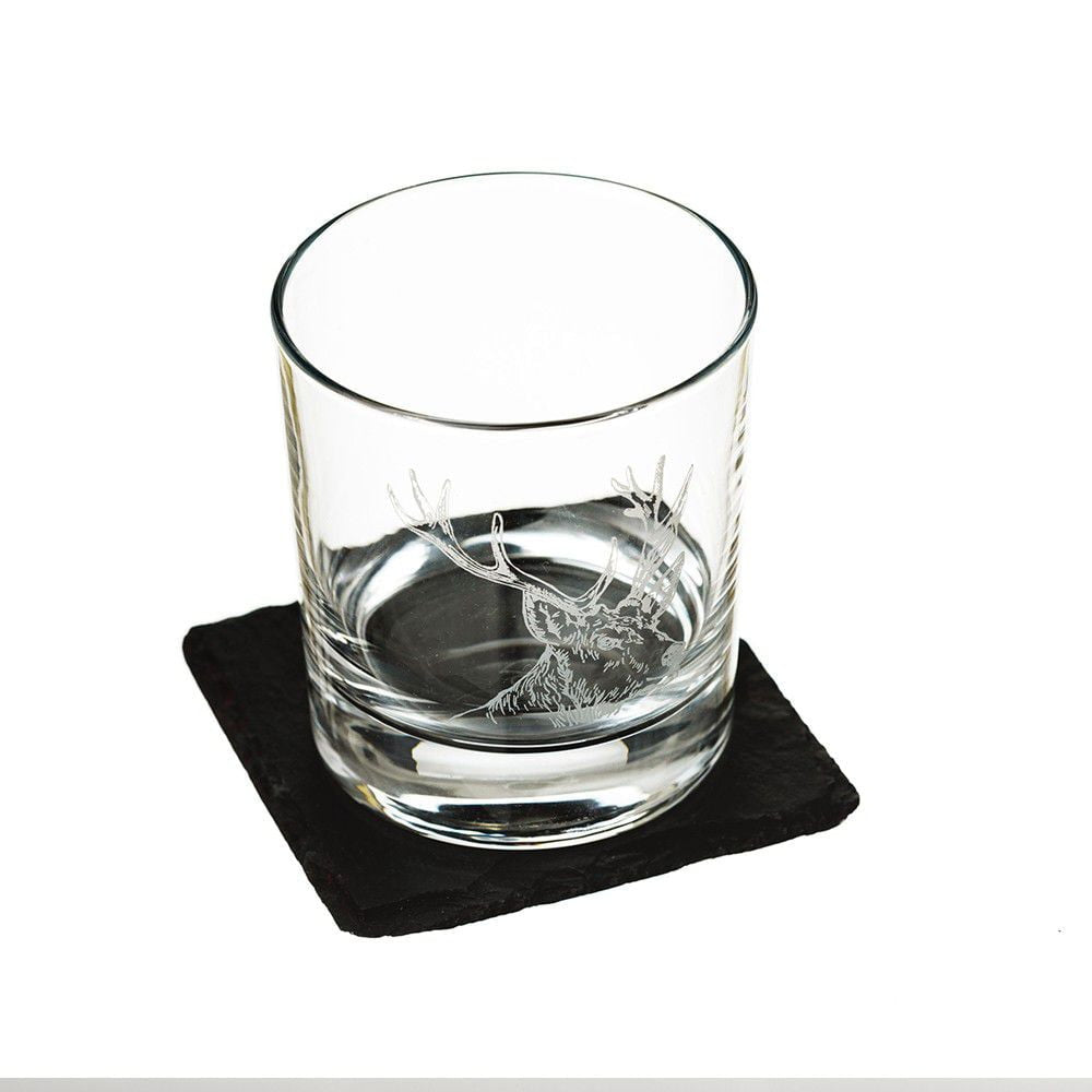The Just Slate Company - Stag Engraved Glass Tumbler & Slate Coaster Set - Hothouse