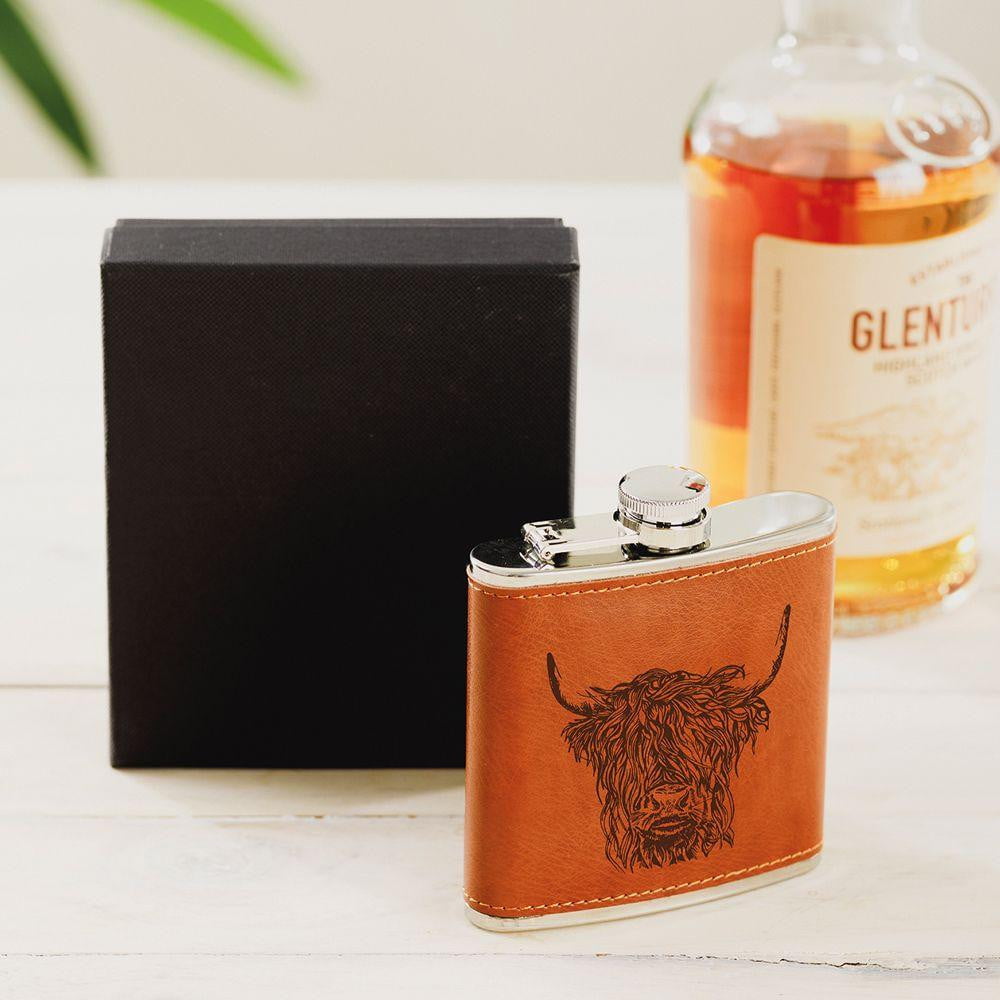 The Just Slate Company - Highland Cow Engraved Leather Wrapped Hip Flask - Hothouse