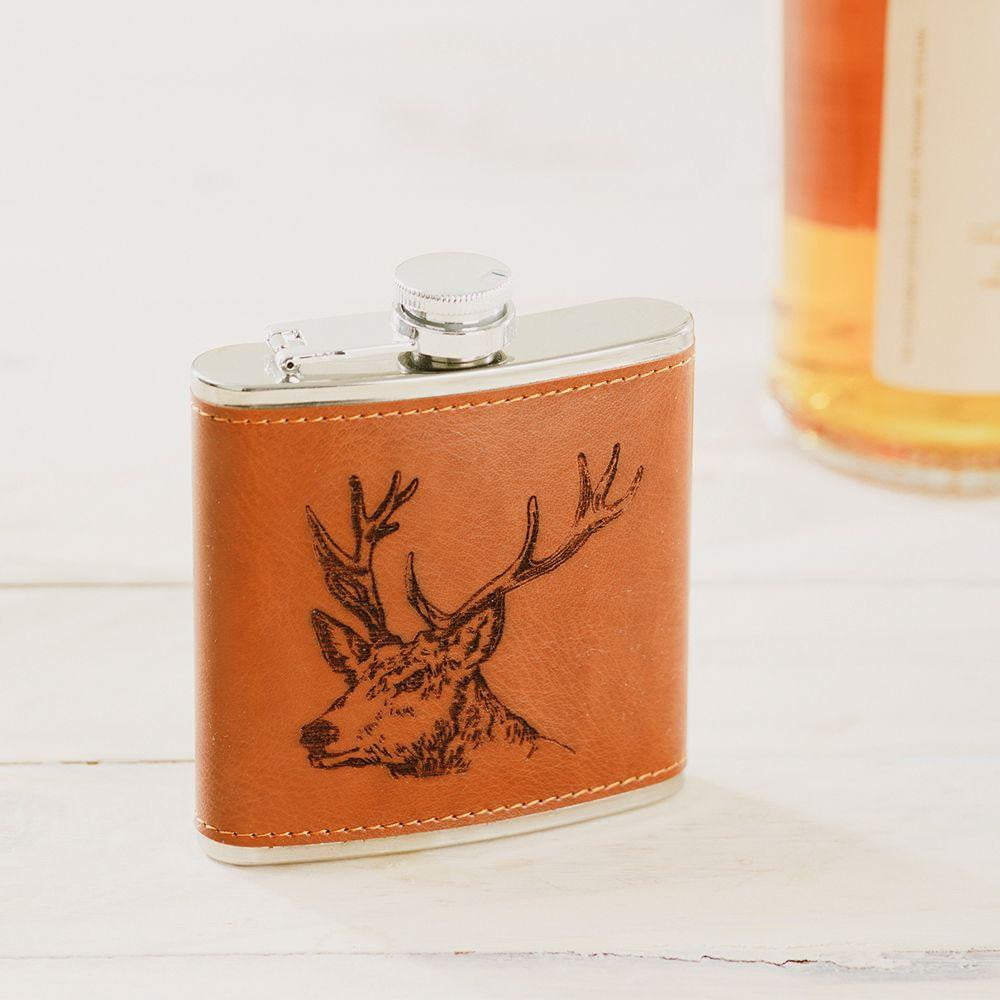 The Just Slate Company - Stag Engraved Leather Wrapped Hip Flask - Hothouse