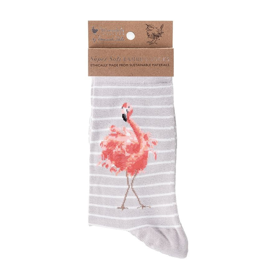 Wrendale Designs Grey 'Pretty in Pink' Flamingo Bamboo Socks - Hothouse